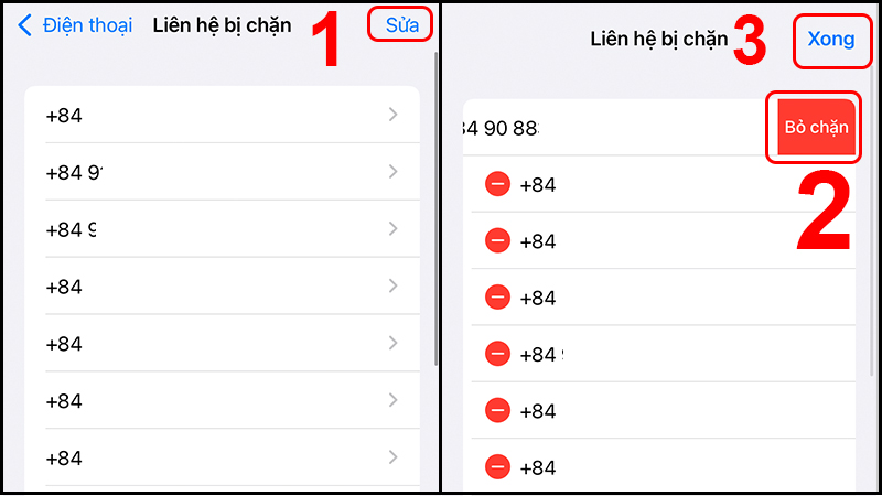 Bấm Bỏ chặn để gỡ chặn số điện thoại 